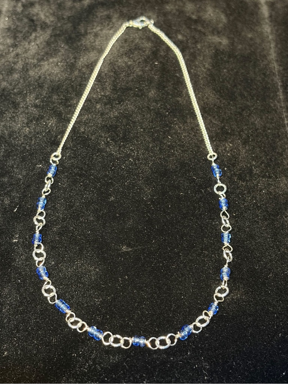 Silver Chain Necklace with Blue Glass Beads